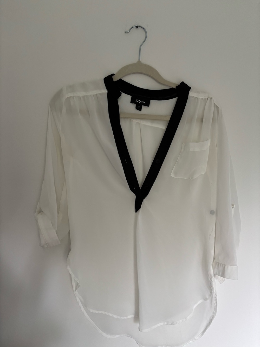 Vintage Sheer Office V-Neck Blouse with Black Trim